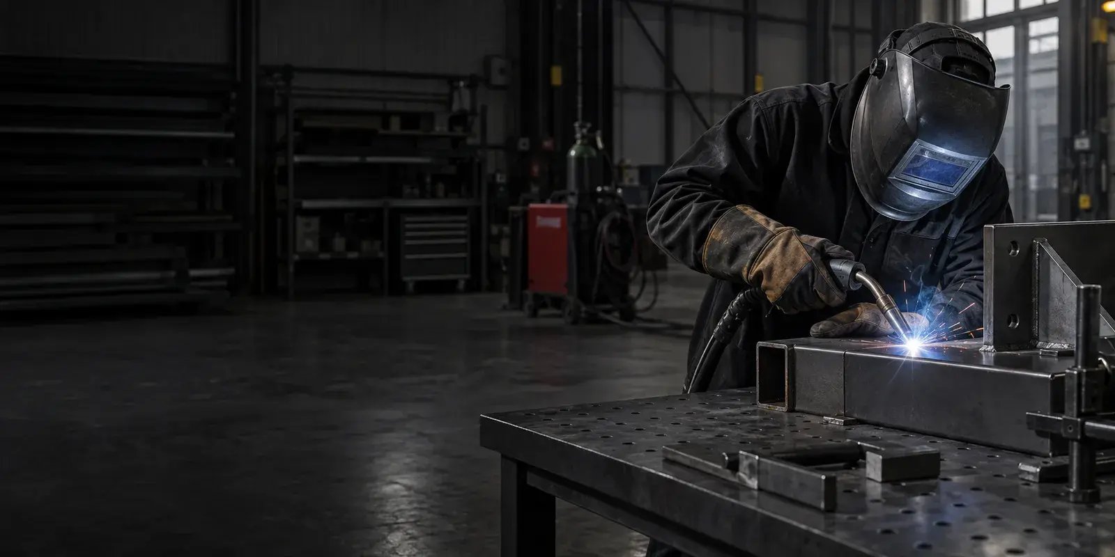 Escena ilustrativa de soldadura industrial con equipo de protección.